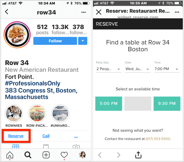 Fai clic sul pulsante di azione Prenota sul profilo aziendale Instagram di questo ristorante per effettuare una prenotazione. 