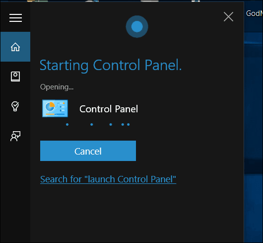 Cortana di Windows 10 Aprire il pannello di controllo