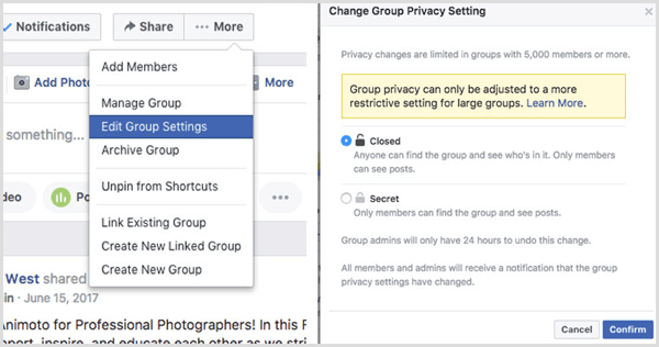 Gruppo Facebook modifica l'impostazione della privacy