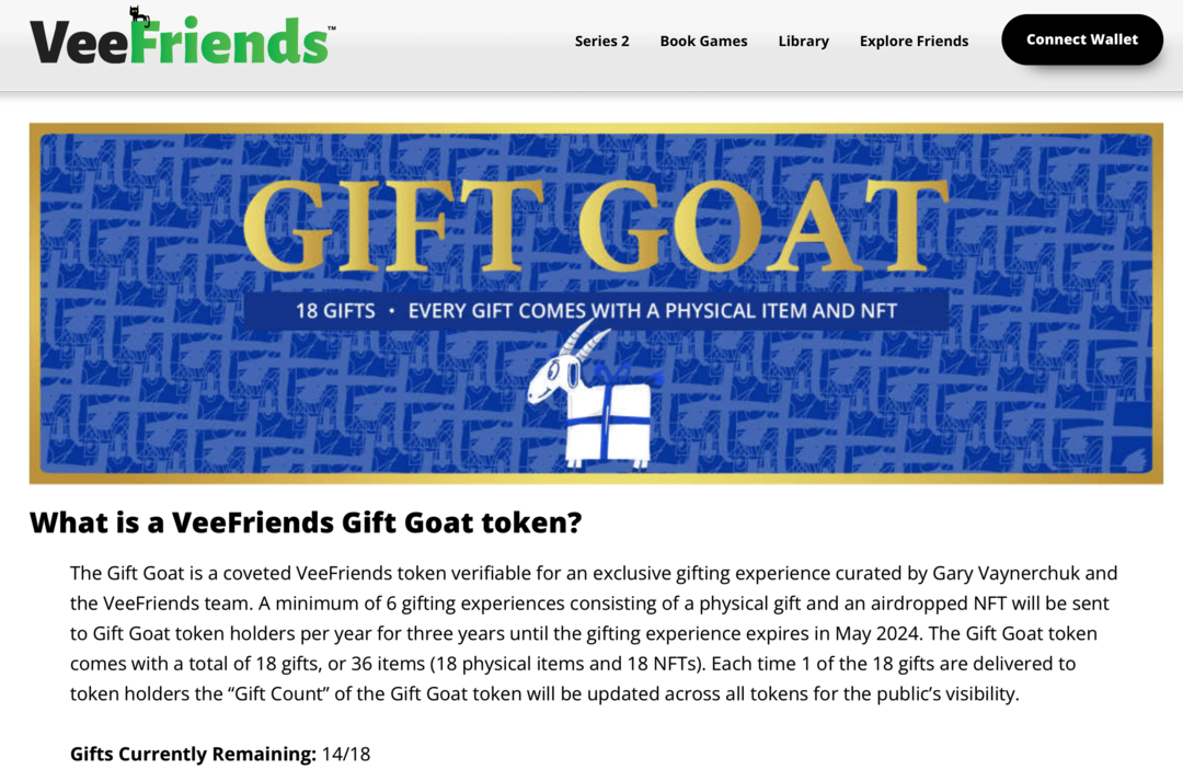 immagine dei vantaggi del token VeeFriends Gift Goat sul sito web VeeFriends