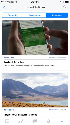 visualizzare esempi di articoli istantanei di Facebook