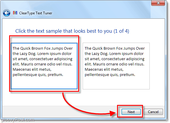 passaggio 1 della calibrazione di clearType in Windows 7