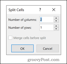 Menu delle opzioni di Word Split Cells