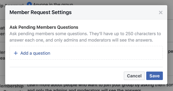Come migliorare la community del tuo gruppo Facebook, esempio di impostazioni di richiesta dei membri del gruppo Facebook che consentono di porre domande ai nuovi membri