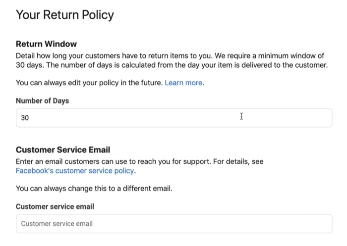 esempio di screenshot della politica di restituzione del negozio Facebook e dell'e-mail del servizio clienti che potrebbero essere disponibili