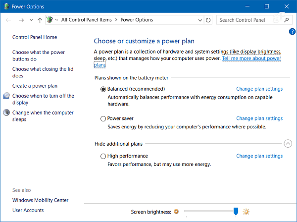 Opzioni risparmio energia Windows 10