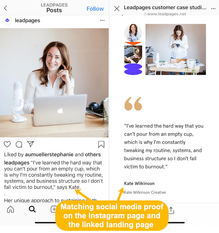 abbinare le storie dei clienti sul feed di Instagram e sulla pagina di destinazione collegata