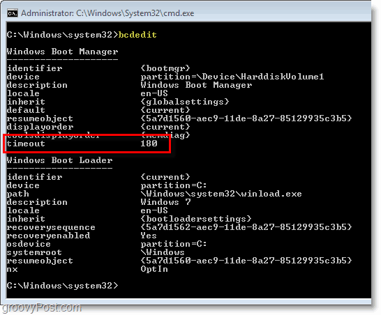 Schermata di Windows 7: controllo delle impostazioni di bcdedit