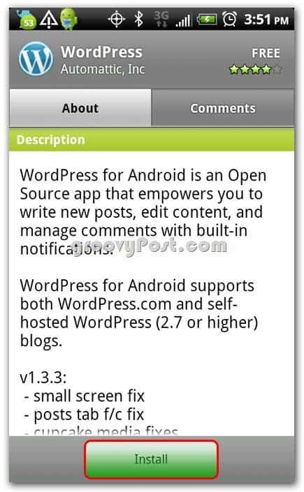 Wordpress nella schermata di installazione di Android