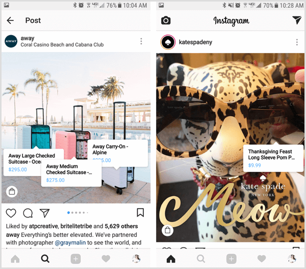 Instagram shoppable post informazioni sul prodotto pop-up