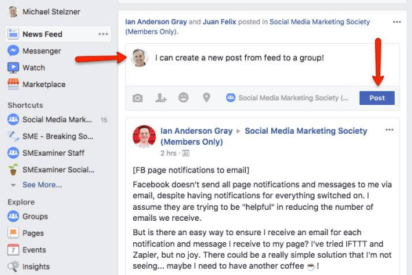 Facebook ora consente agli utenti di pubblicare direttamente nei gruppi dal feed di notizie.
