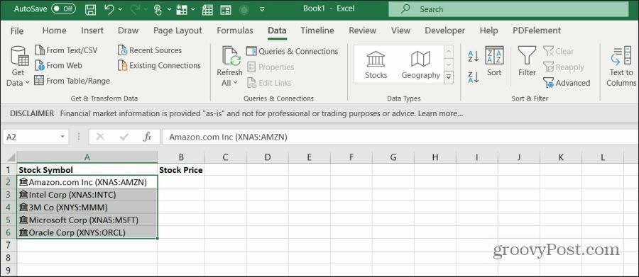 simboli ticker di borsa in Excel