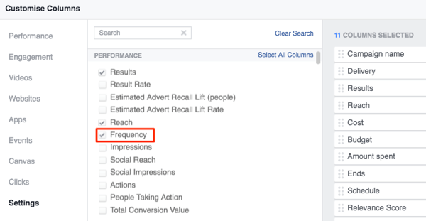 Facebook Ad Manager personalizza le colonne per aggiungere frequenza