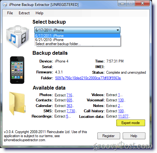 iPhone Backup Extractor Seleziona Backup