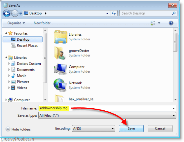 Schermata di Windows 7: salva come addownership.reg