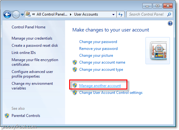 fai clic su gestisci un altro account dalla pagina dell'account utente di Windows 7