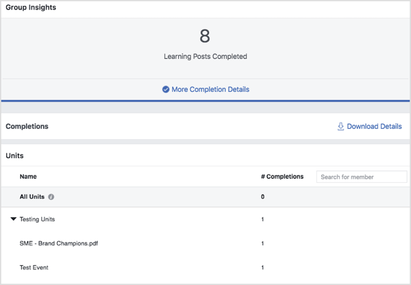  Visualizza le statistiche di completamento per le unità di gruppo Facebook in Approfondimenti gruppo.