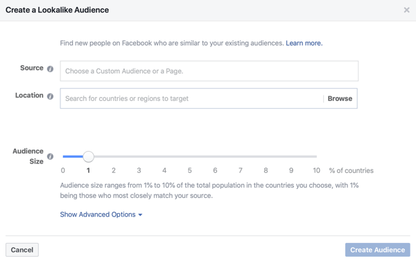 Opzione per creare un pubblico simile all'1% per i tuoi annunci di Facebook.