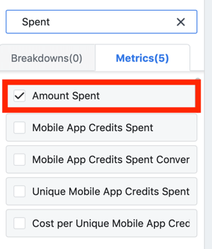 Suggerimenti per ridurre i costi degli annunci di Facebook, opzione per visualizzare l'importo speso come parte del rapporto