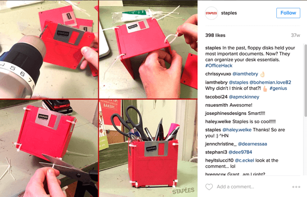 Questo collage fotografico di Instagram di Staples mostra un modo intelligente per riutilizzare i floppy disk in un accessorio da scrivania.