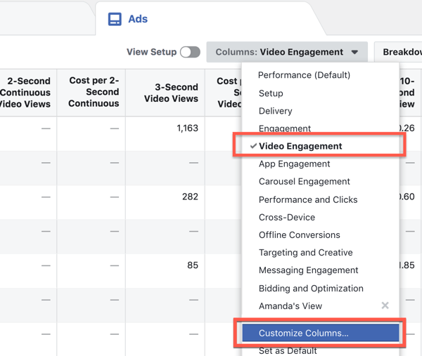 Personalizza le colonne dei rapporti in Facebook Ads Manager.