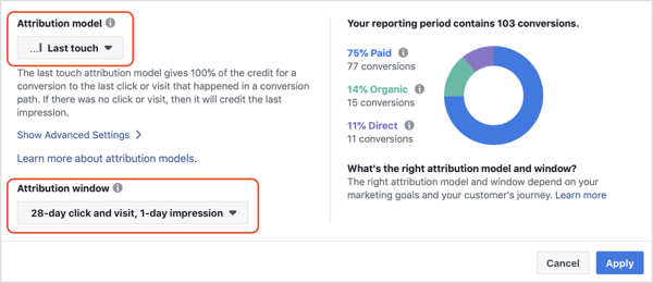 Seleziona il tuo modello di attribuzione e la finestra di attribuzione.