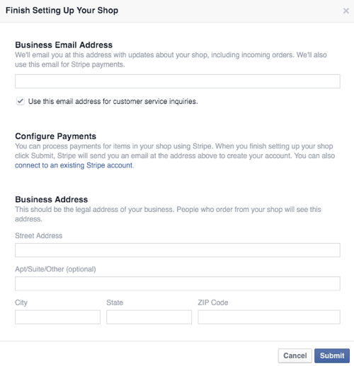 configurare l'attività del negozio Facebook e i dettagli di pagamento