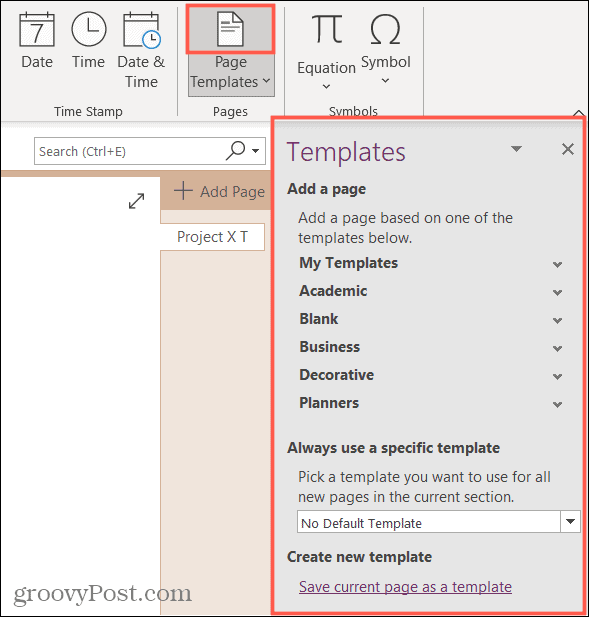 Barra laterale dei modelli in OneNote