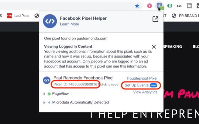 Imposta l'opzione Eventi nell'helper pixel di Facebook