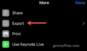 Inizia il processo di esportazione da Keynote a PowerPoint su iOS