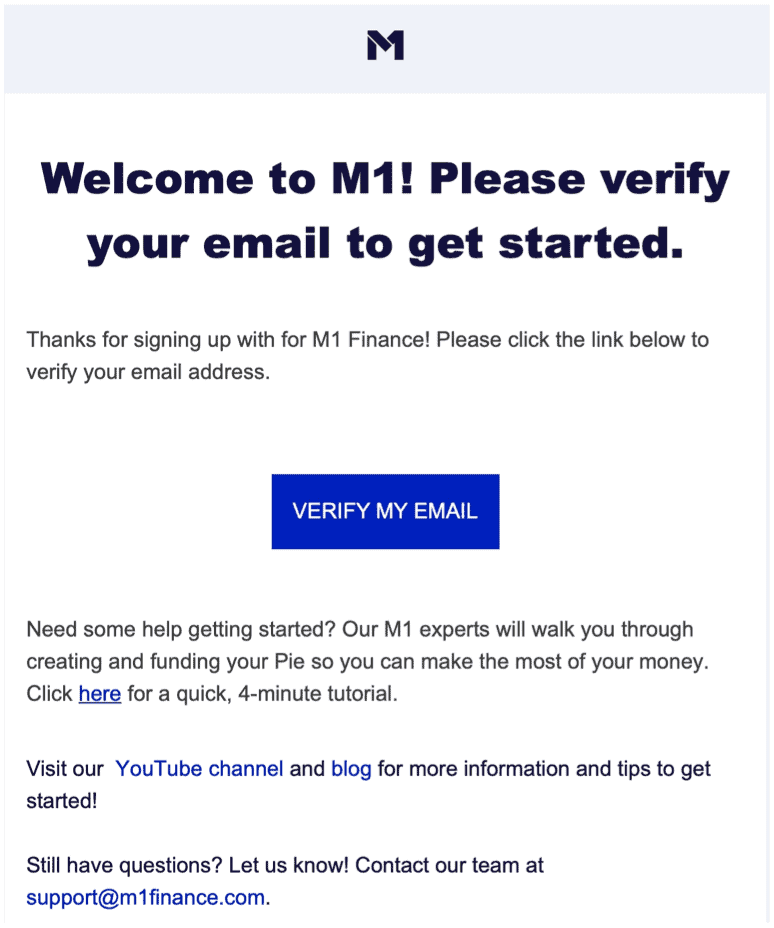 M1 Finance verifica l'email