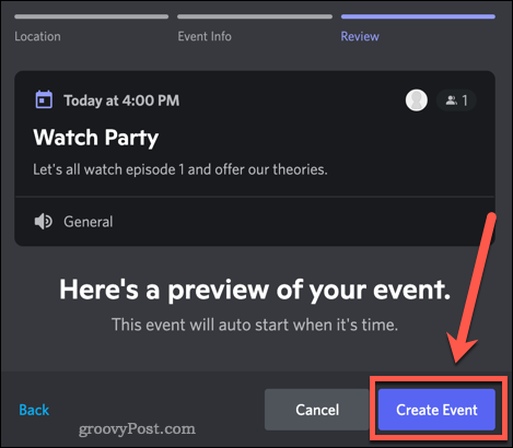 Conferma di un nuovo evento Discord