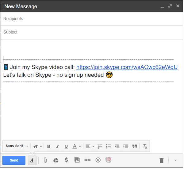 Fare clic sull'icona Skype nella parte inferiore dell'e-mail per aggiungere un collegamento alla chiamata.