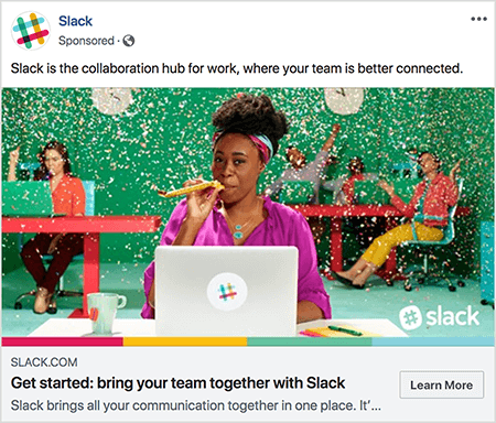 Questo è uno screenshot di un annuncio Facebook per Slack. Il testo dell