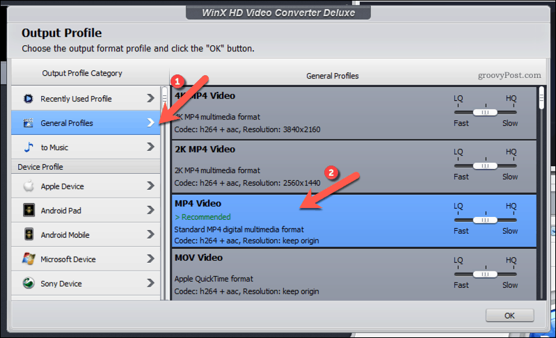 Selezione di un profilo di output MP4 in WinX