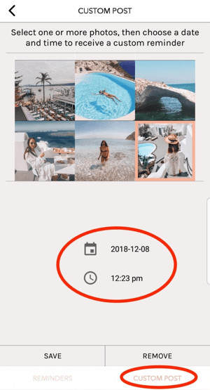 Tocca Post personalizzato in UNUM, quindi seleziona il giorno e l'ora in cui desideri pubblicarlo nel tuo feed.