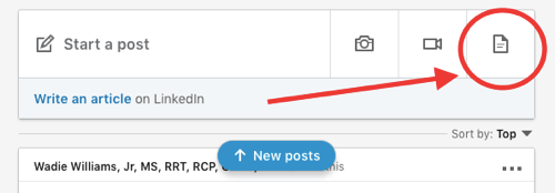 Post di condivisione del documento LinkedIn, carica il documento nel passaggio 1 del post organico, aggiungi nuova icona del documento