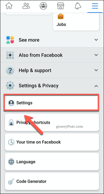Opzione delle impostazioni del menu mobile di Facebook