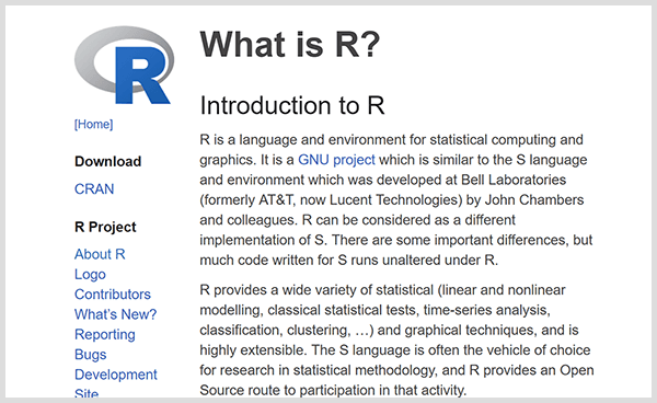 Crea i tuoi strumenti di analisi predittiva con il linguaggio di programmazione R. Screenshot della pagina web di introduzione R. 
