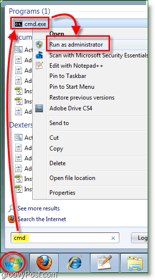 Schermata di Windows 7: esegui cmd come amministratore