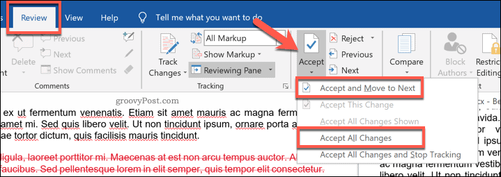 Accettazione delle modifiche a un documento di Word confrontato