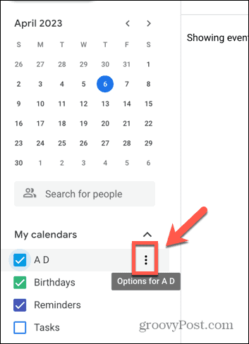 Schermata dell'icona a tre punti di Google Calendar