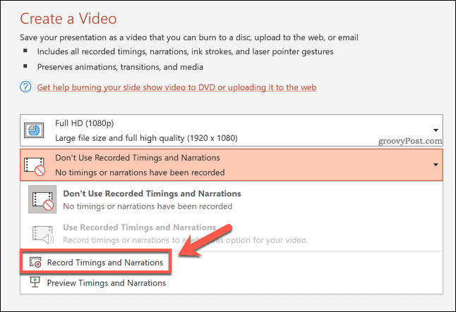 Tempi di registrazione per un video esportato in PowerPoint