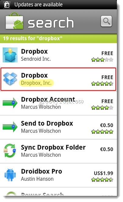 Menu di ricerca Dropbox Android