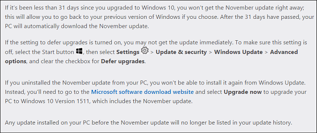 Note sull'aggiornamento di novembre di Microsoft Win10