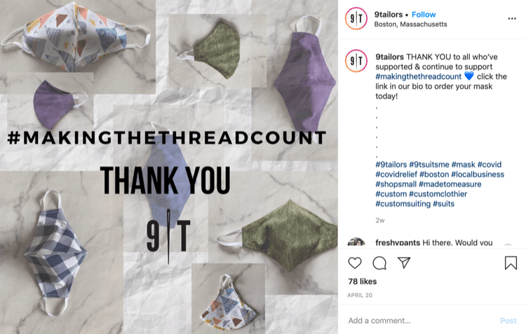 9Post su Instagram del tailor sulle vendite di maschere