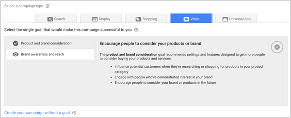Tipo di campagna Consapevolezza e copertura del brand in Google AdWords.