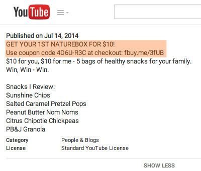 codice coupon nella descrizione di YouTube