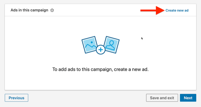esempio livello di annuncio della campagna pubblicitaria linkedin con evidenziata l'opzione crea nuovo annuncio