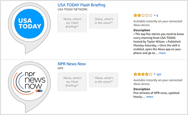 Gli elenchi di briefing flash di Alexa hanno un fumetto grigio con un logo rotondo del produttore come USA TODAY o NPR. Gli elenchi includono anche una valutazione a stelle e una descrizione.